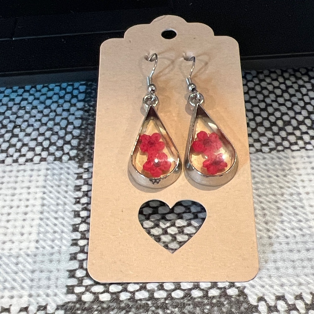 Chic Silver and Red Floral Drop Earrings